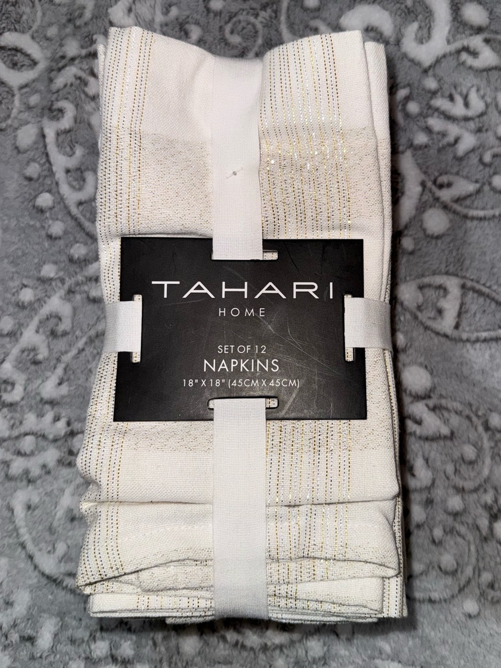 Tahari Home Set of 12 Cloth Napkins Ivory Gold Metallic Stripe 18x18 NEW